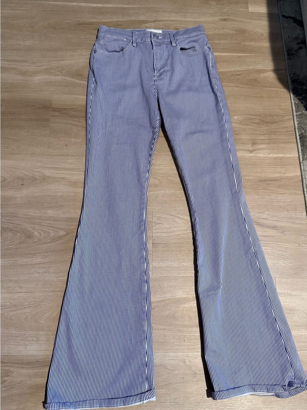 Frame Denim Blue & White Pinstripe Le High Flare Pants